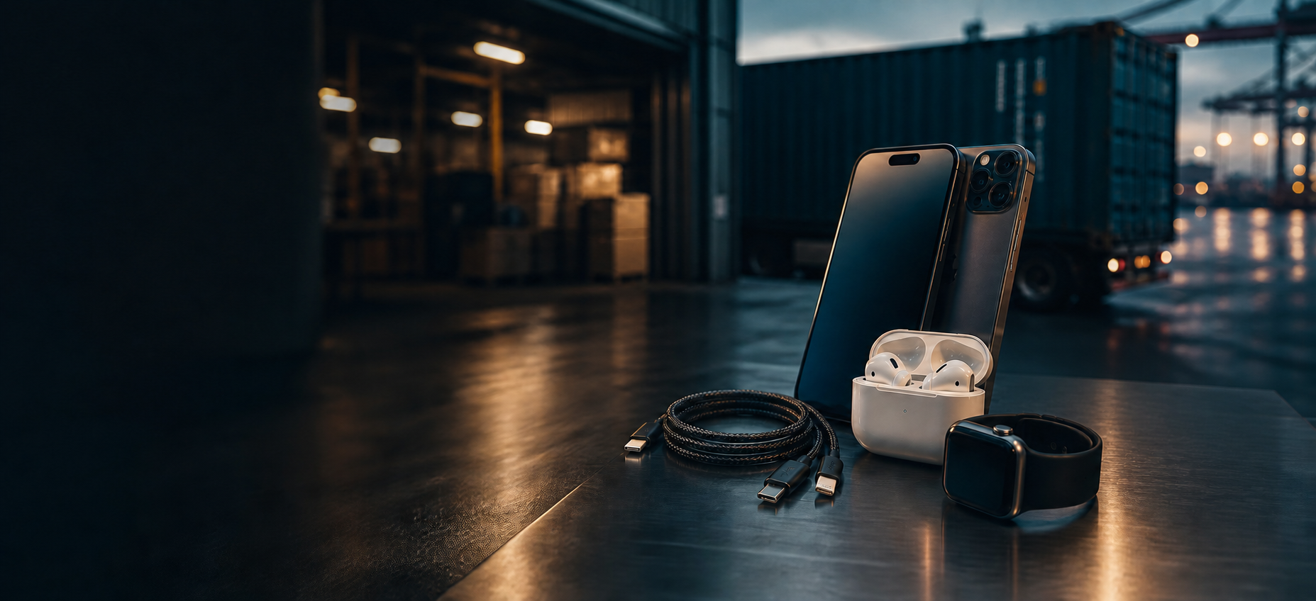 Phones, headphones, and accessories in a shipping warehouse